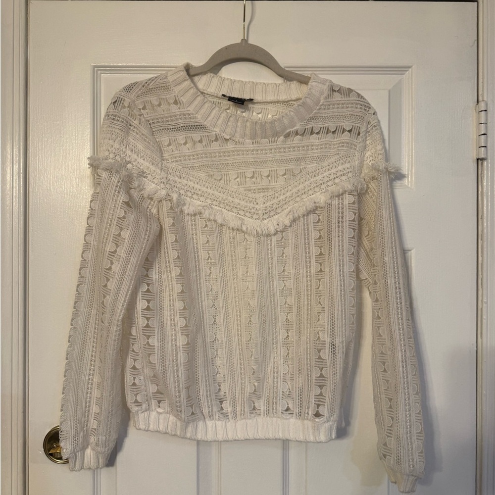 Trouve White Crochet Fringe Pullover Sweater